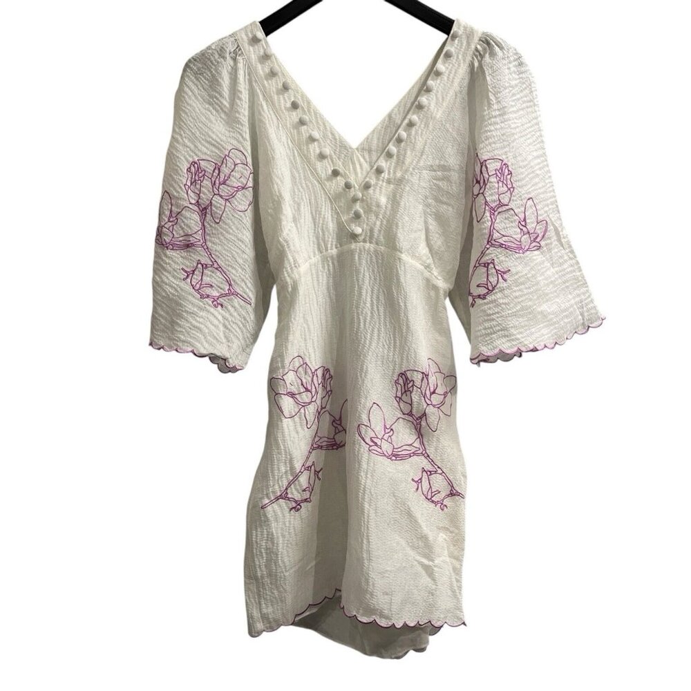 Joslin Dress Womens 6 Isodora White Purple Silk‎ Linen Embroidery Floral Mini